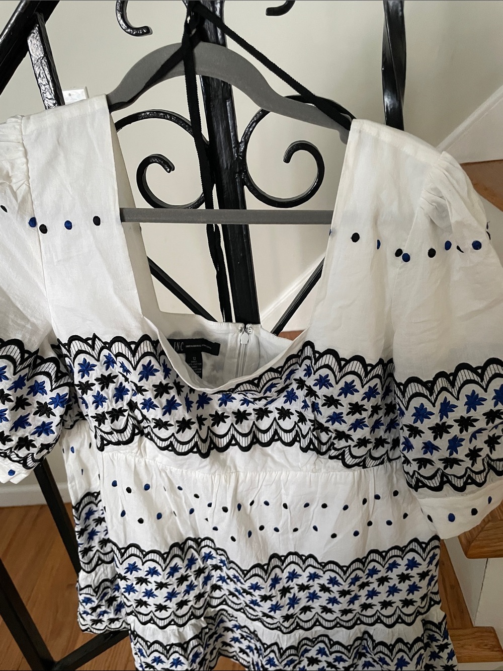 INC International Concepts White Tunic Top with Blue & Black Embroidery